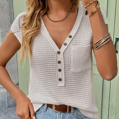 Women's Henley Shirt with Texture, Short Sleeve, V-Neck, Casual Look