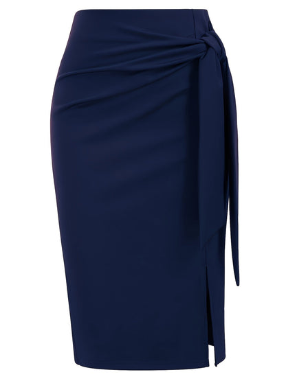 Women's Elegant Midi Skirt with Bow Detail and Slit – Perfect for Office & Festive Occasions