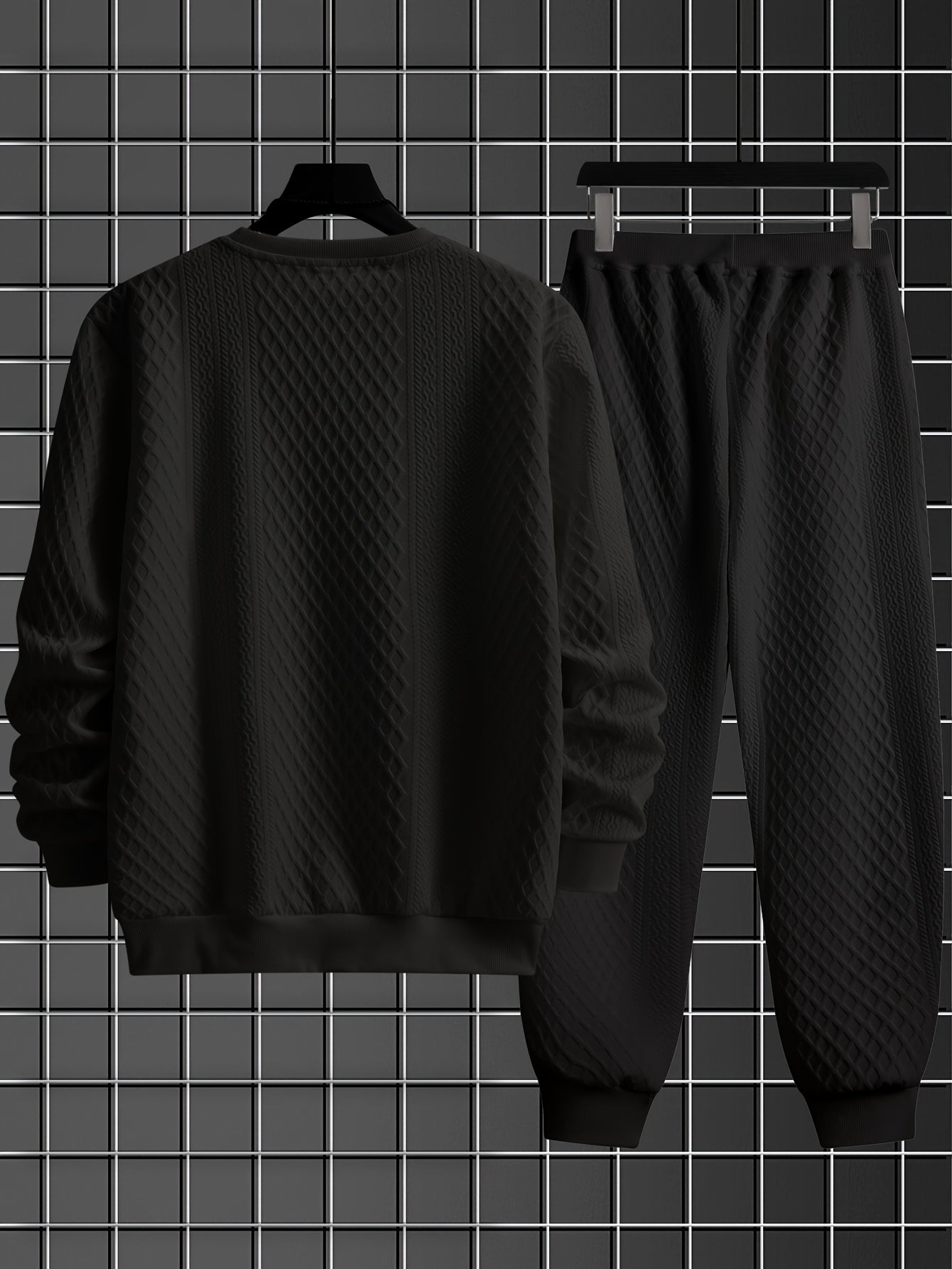 Men's two-piece tracksuit with diamond pattern, long-sleeve shirt, and jogger pants