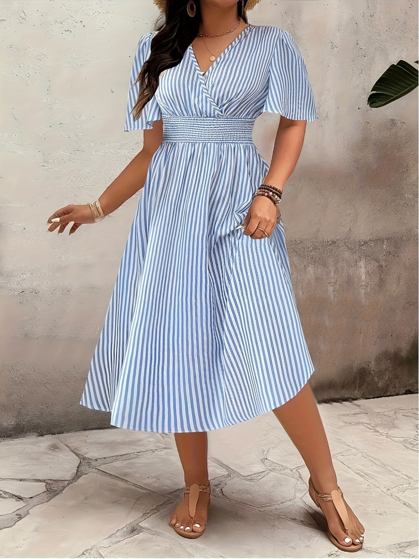 Women's Elegant Striped Midi Dress with V-Neck and Waist Accent for Festive Occasions