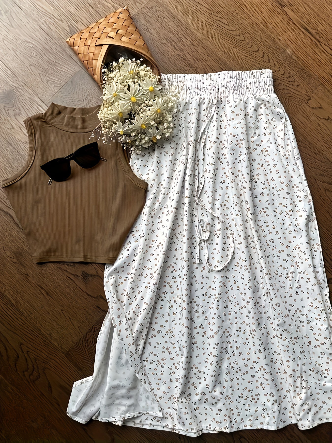 Damen Zweiteiliges Set – Ärmelloses Oberteil mit Stehkragen und Blumenrock – Modischer Freizeit-Look