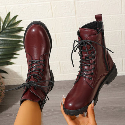 Women’s dark red worker boots with laces and a zipper
