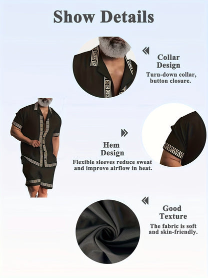 Men's Summer Short-Sleeve Casual Set with Geometric Pattern – Stylish Button-Up Shirt and Shorts, Ideal for Relaxed Occasions