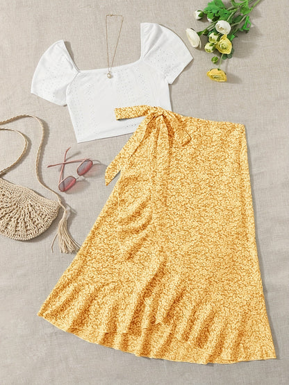 Damen Zweiteiler Set – Romantische Bluse mit Puffärmeln und Floraler Wickelrock – Perfekt für Sommer & Freizeit