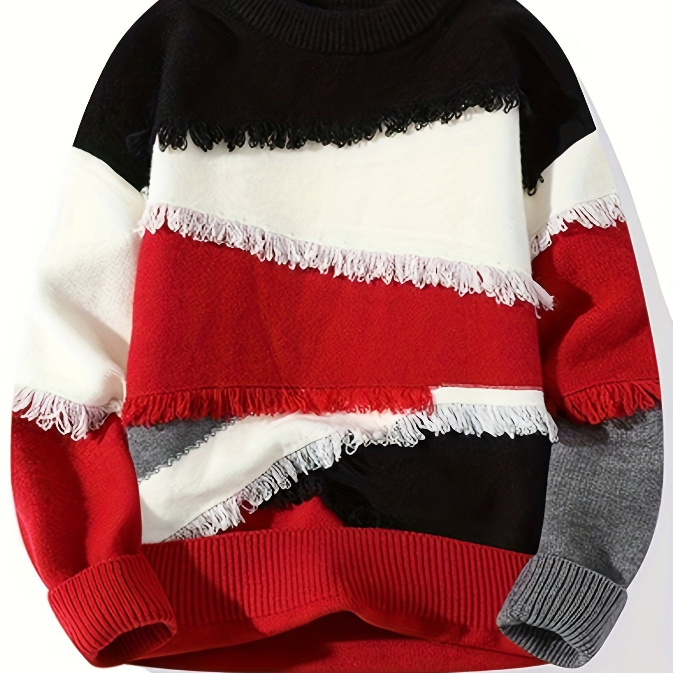 Unisex long-sleeve pullover with color-block design, fringe, and crew neck