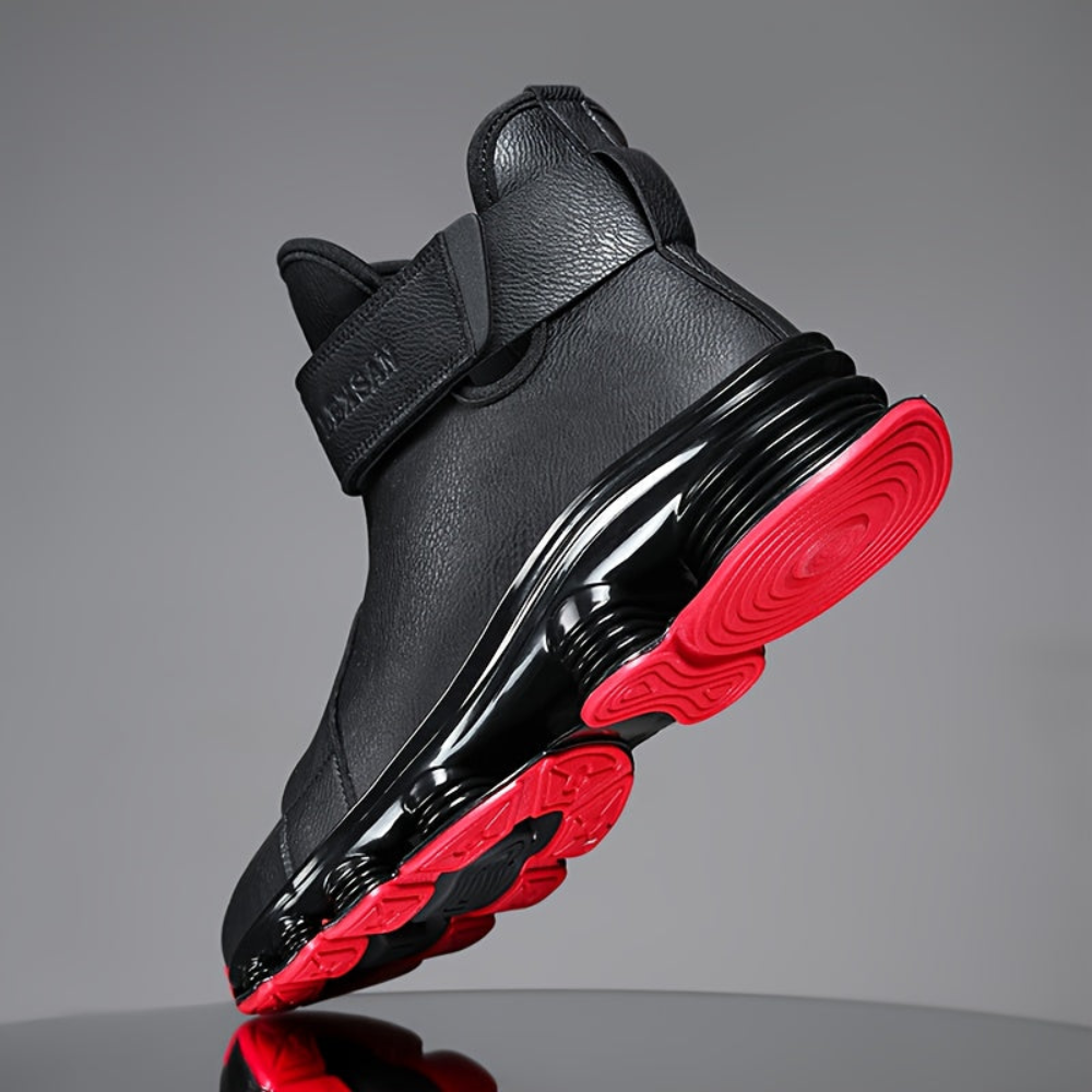Men's black high-top sneaker boots with a red sole, laces, and Velcro closure
