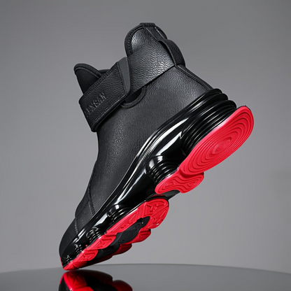 Men's black high-top sneaker boots with a red sole, laces, and Velcro closure