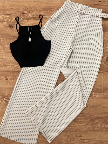 Women's Elegant Pinstripe Set – Sleeveless Top and Wide-Leg Pants with Belt, Perfect for Office and Leisure