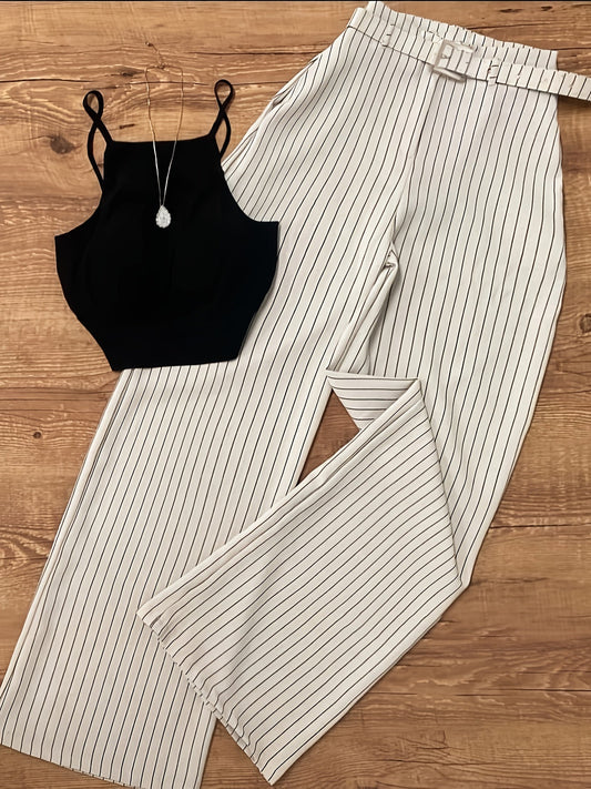 Women's Elegant Pinstripe Set – Sleeveless Top and Wide-Leg Pants with Belt, Perfect for Office and Leisure