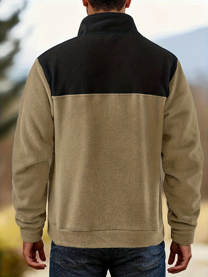 Herren Fleece-Pullover Stehkragen Knopfleiste Patchwork Outdoor