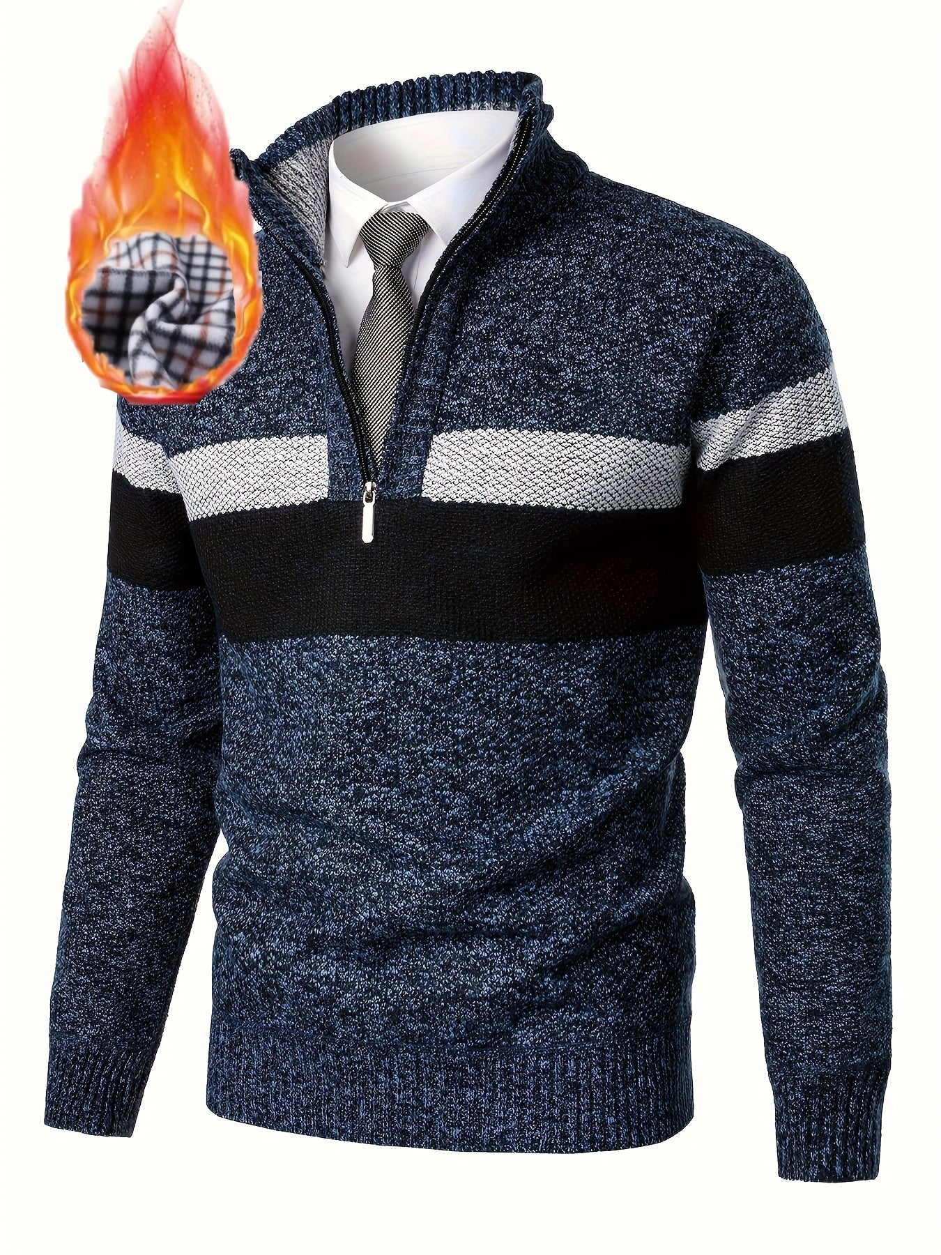 Men's knitted sweater with a stand-up collar and zipper, striped, softly lined inside