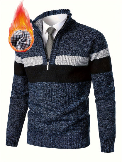 Men's knitted sweater with a stand-up collar and zipper, striped, softly lined inside
