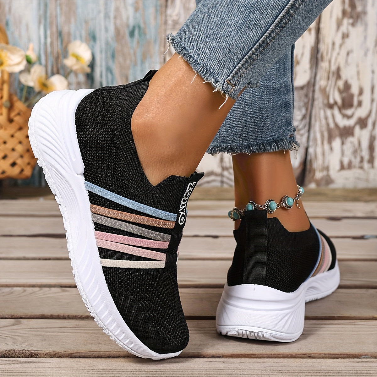 Damen Slip-On Freizeitschuhe mit Streifenmuster – Bequeme Alltags-Sneaker für Freizeit und Alltag