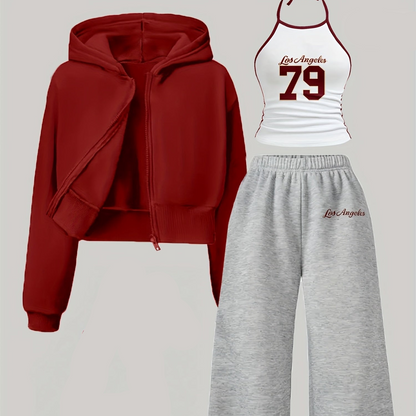 Women's 3-piece set: cropped hoodie, halter top & wide-leg joggers