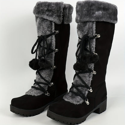 Women's black winter boots with plush trim, laces, and a zipper