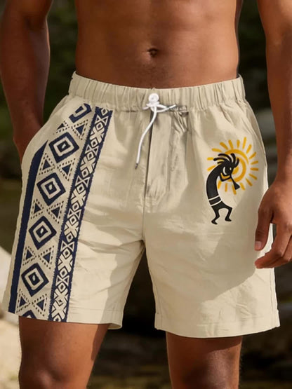 Men's casual shorts with ethnic pattern and flute player motif – summer, vacation & beachwear