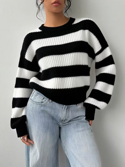 Women's knitted sweater, black and white striped, crew neck, loose fit