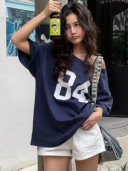 Damen Oversize Streetwear T-Shirt mit Nummernprint im Varsity-Stil – Lässiges Retro-Shirt für Freizeit und Alltag