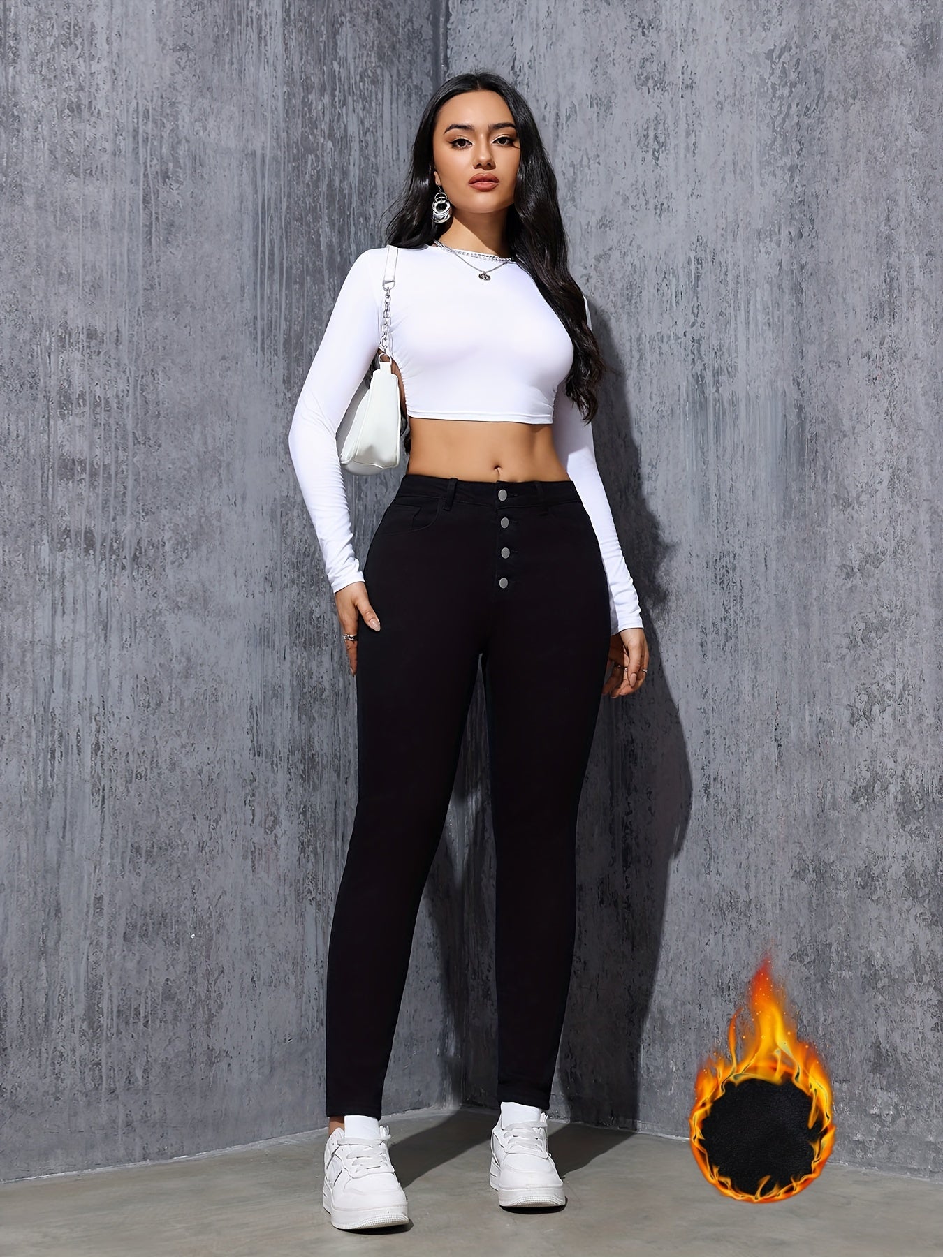 Damen Skinny Jeans Schwarz mit Knopfleiste Hoher Bund Gefüttert