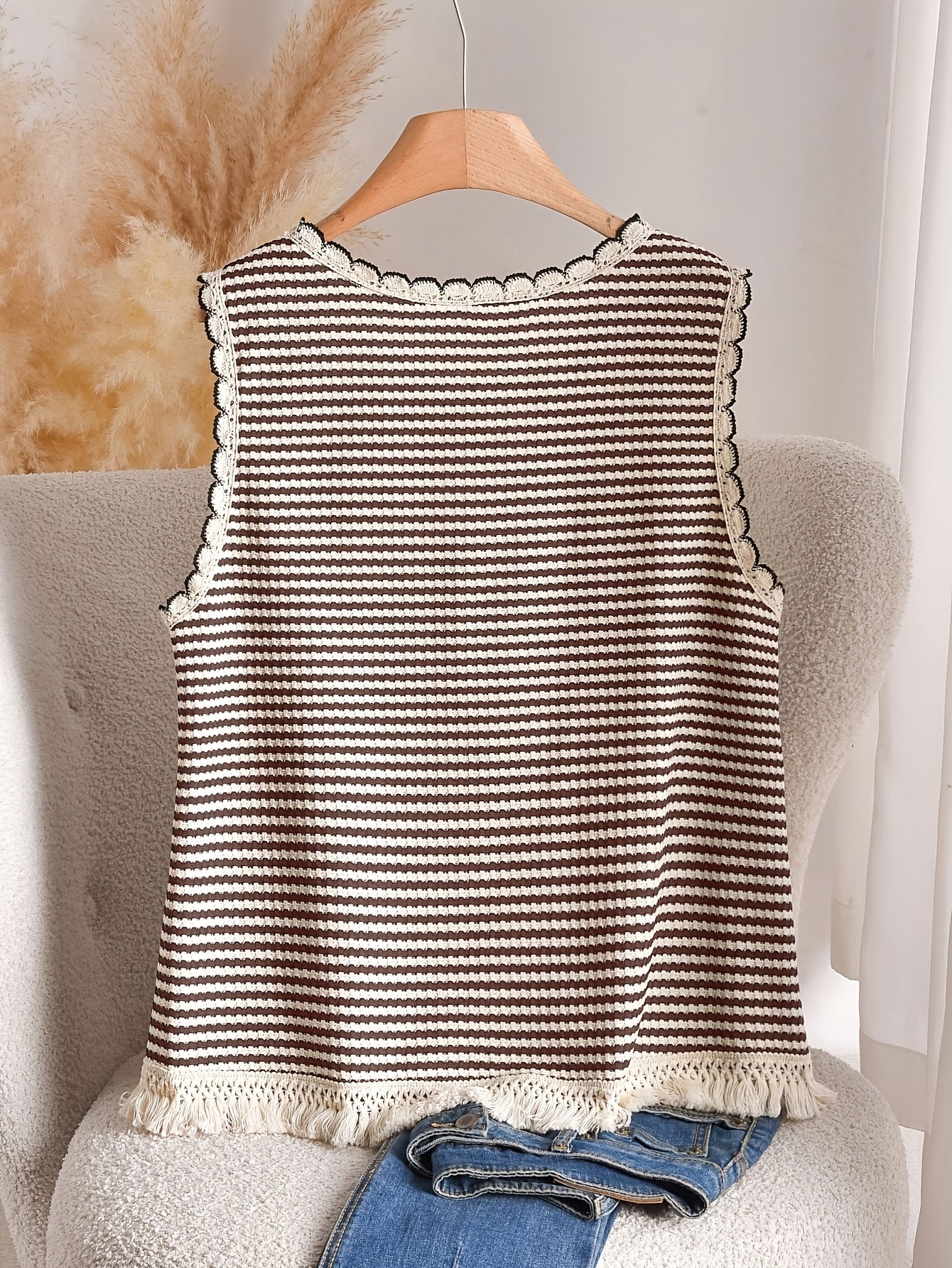 Women's Boho-Style Knit Tank Top with Stripes and Fringes – Elegant Casual Top for Spring and Summer
