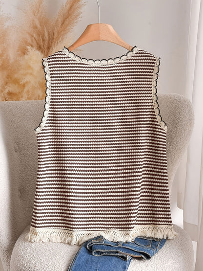 Women's Boho-Style Knit Tank Top with Stripes and Fringes – Elegant Casual Top for Spring and Summer