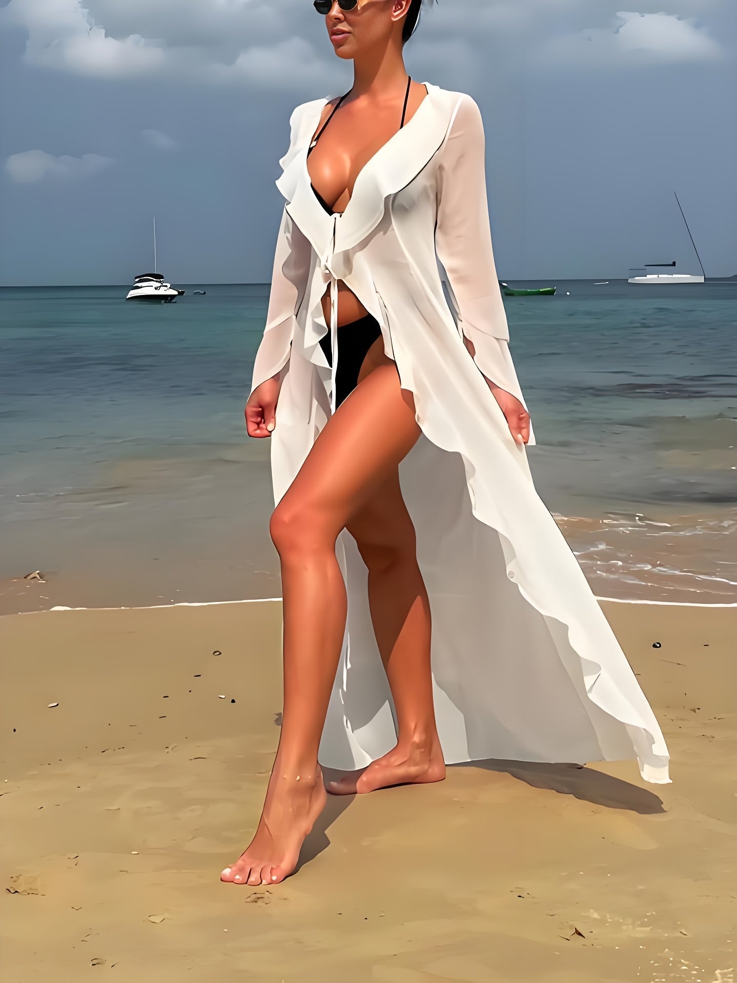 Women's beach kimono with ruffles, elegant cover-up for vacation and leisure