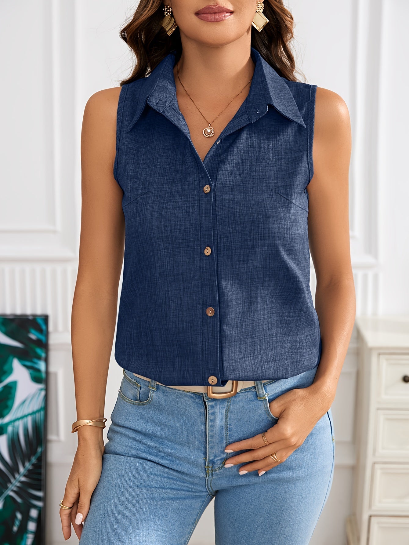 Women's sleeveless blouse with button placket and polo collar – Elegant casual wear for summer