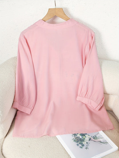 Women's Blouse Elegant Embroidered Summer Semi-Transparent with Stand-Up Collar – Casual & Office