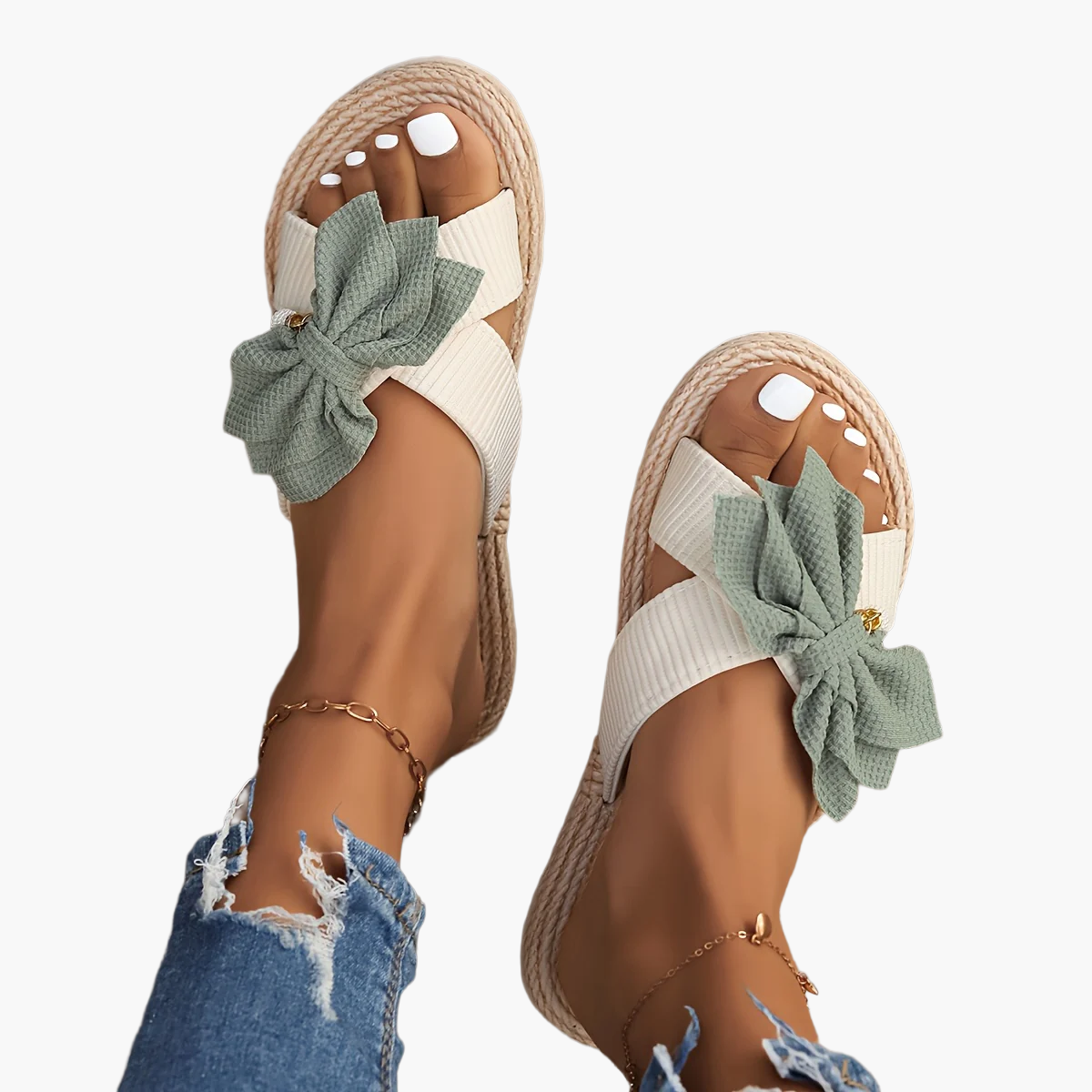 Women's Vintage Summer Slides with Large Bow and Toe Strap – Comfortable Casual Sandals