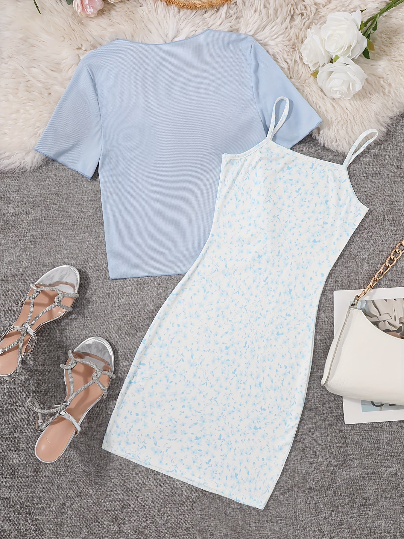 Women's Elegant 2-Piece Set – Floral Summer Dress with Spaghetti Straps and Knot Top, Perfect for Casual and Going Out