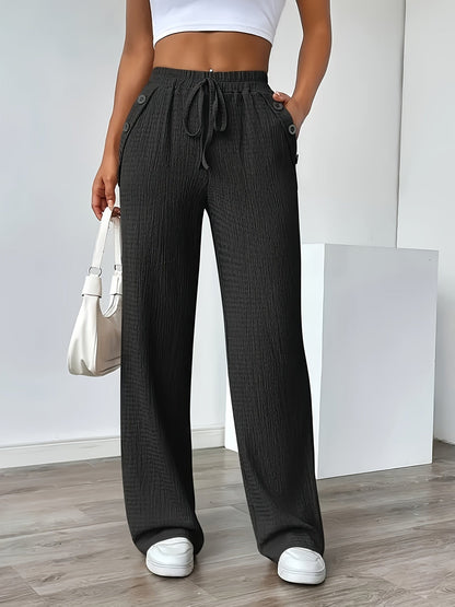 Women's Straight Leg Casual Pants with Button Details and Drawstring – Ideal for Everyday and Leisure