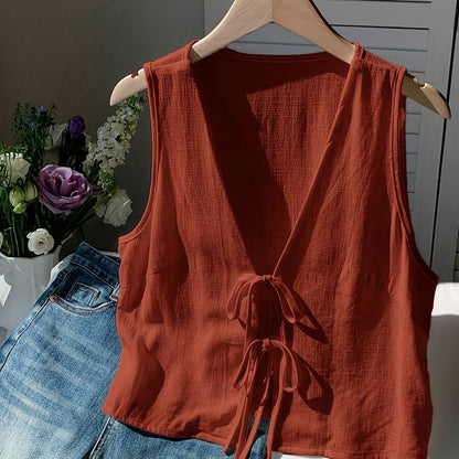 Women's sleeveless vest with bow detail and V-neck – fashionable summer look, versatile to combine