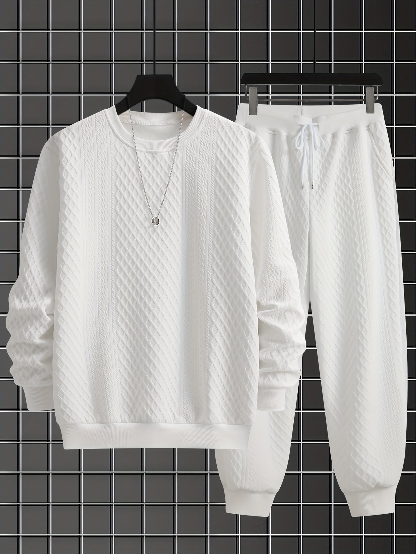 Men's two-piece tracksuit with diamond pattern, long-sleeve shirt, and jogger pants