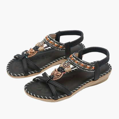 Women's Boho Sandals with Decorative Jewelry and Elastic Ankle Strap – Comfortable Summer Shoes for Casual Wear and Vacation