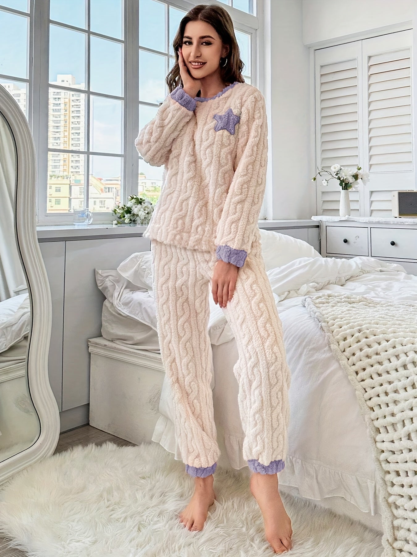Women's cozy pajama set, beige knit pattern with colorful cuffs