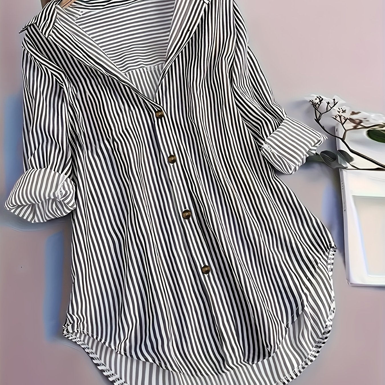 Damen Längsgestreiftes Hemdblusenkleid mit Knopfleiste und Reverskragen – Eleganter Alltags-Look