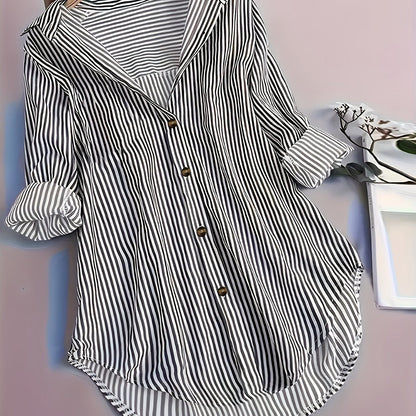 Damen Längsgestreiftes Hemdblusenkleid mit Knopfleiste und Reverskragen – Eleganter Alltags-Look