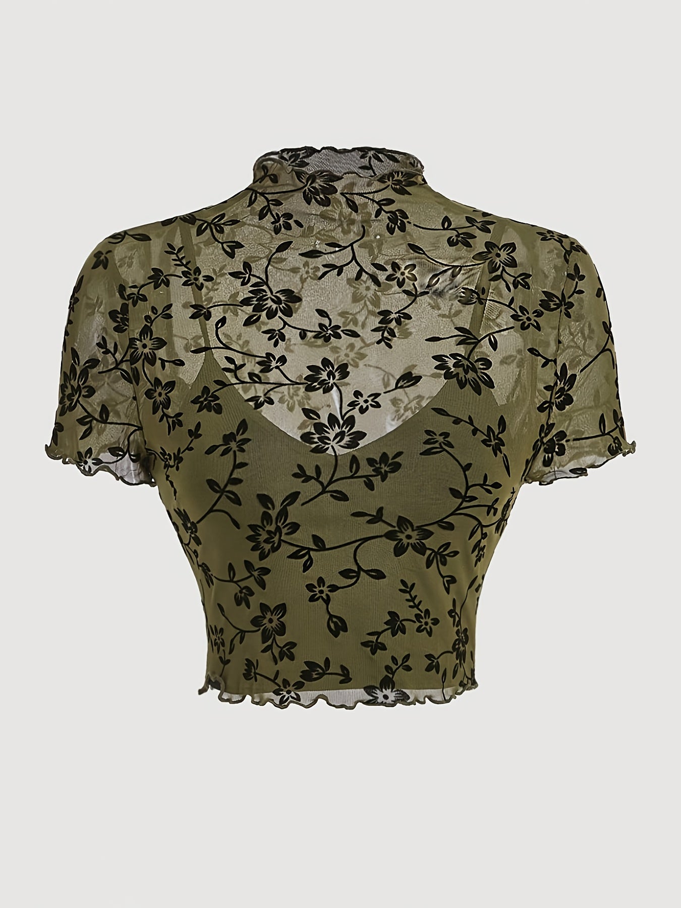 Women's Elegant Crop Top with Floral Pattern and Stand-up Collar – Transparent Mesh for Spring and Summer