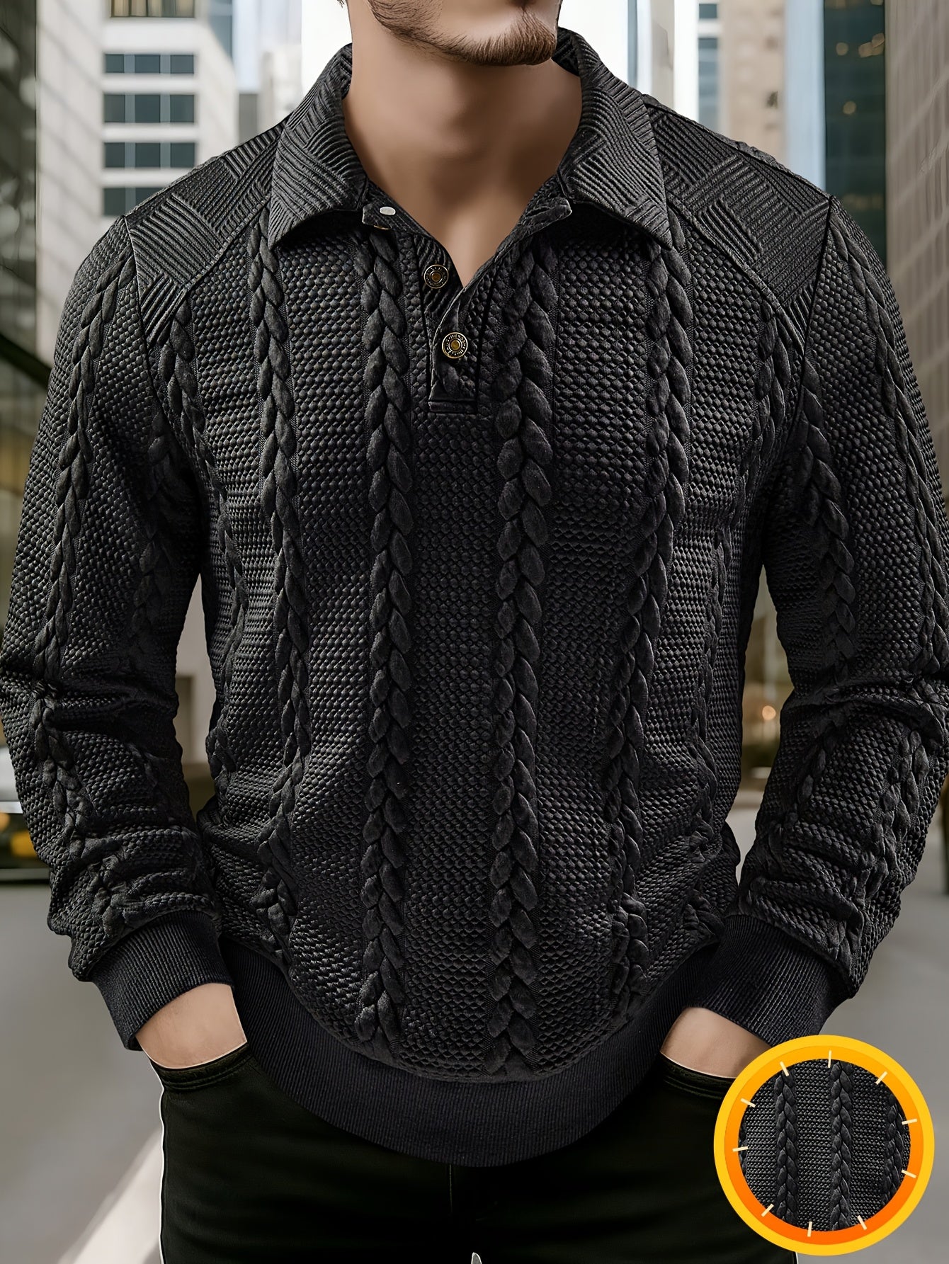 Men's textured black long-sleeve knit polo shirt
