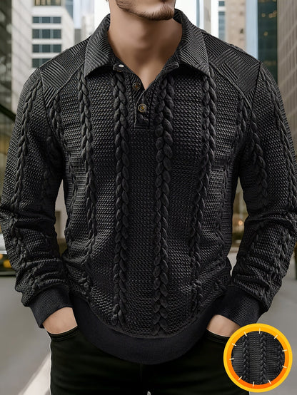 Men's textured black long-sleeve knit polo shirt