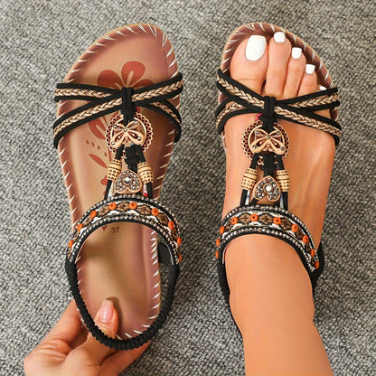 Women's Boho Sandals with Decorative Jewelry and Elastic Ankle Strap – Comfortable Summer Shoes for Casual Wear and Vacation