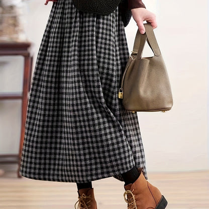 Damen Karierter Midi-Rock mit Faltenrock-Optik in Schwarz-Grau
