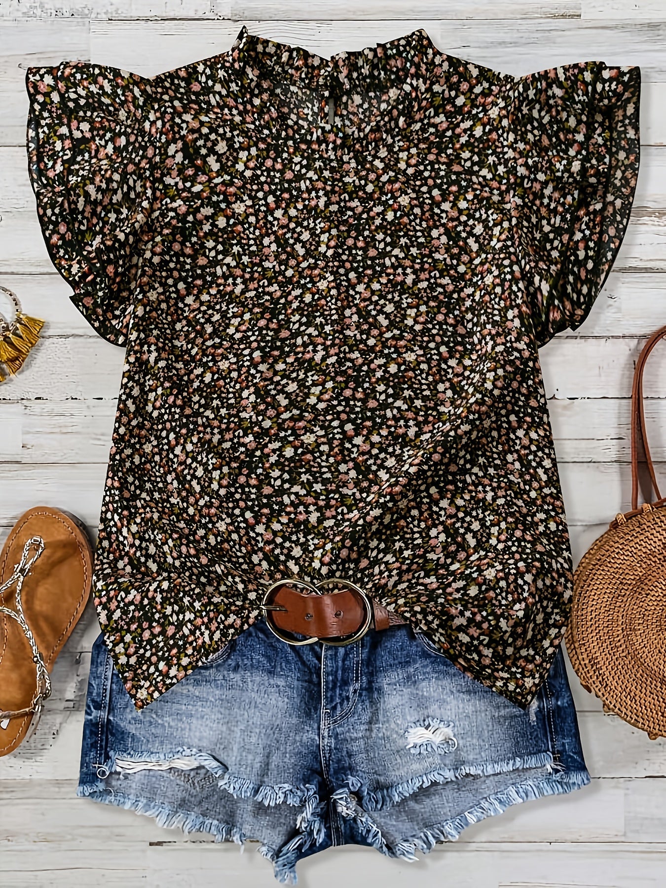 Women's summer blouse shirt with floral pattern and ruffled sleeves – Casual elegance for everyday and vacation