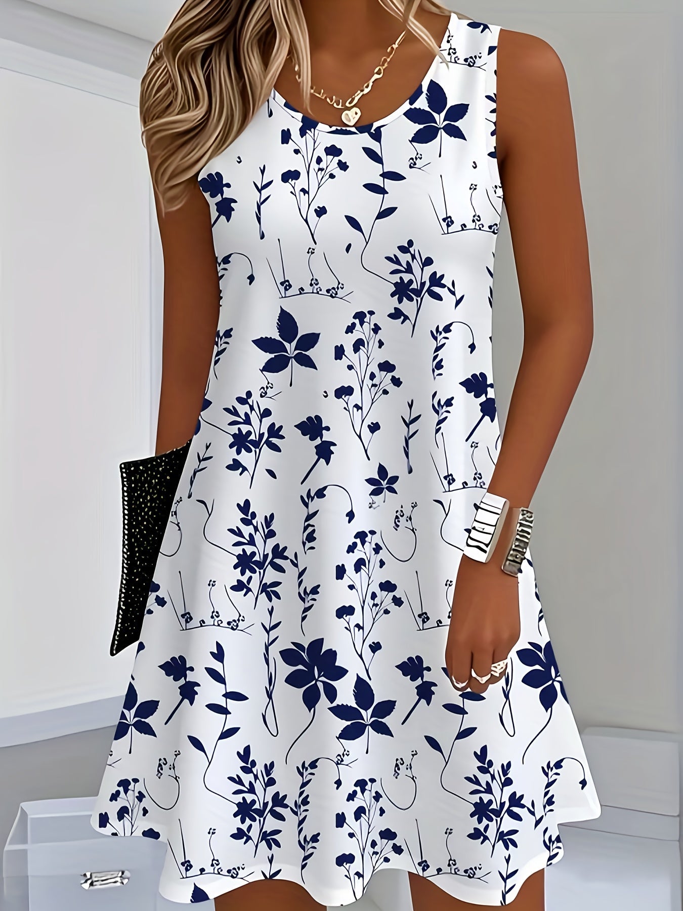 Women's summer casual dress with floral pattern, sleeveless, A-line, elegant for everyday wear and going out