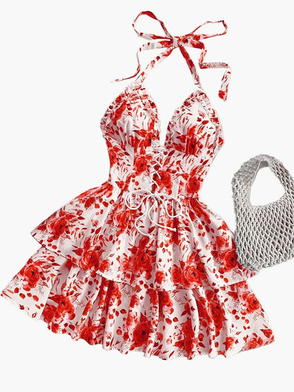 Women's Summer Mini Dress with Rose Pattern, Halterneck, Ruffles, and Lacing – Romantic Casual Dress for Garden Parties & Vacation