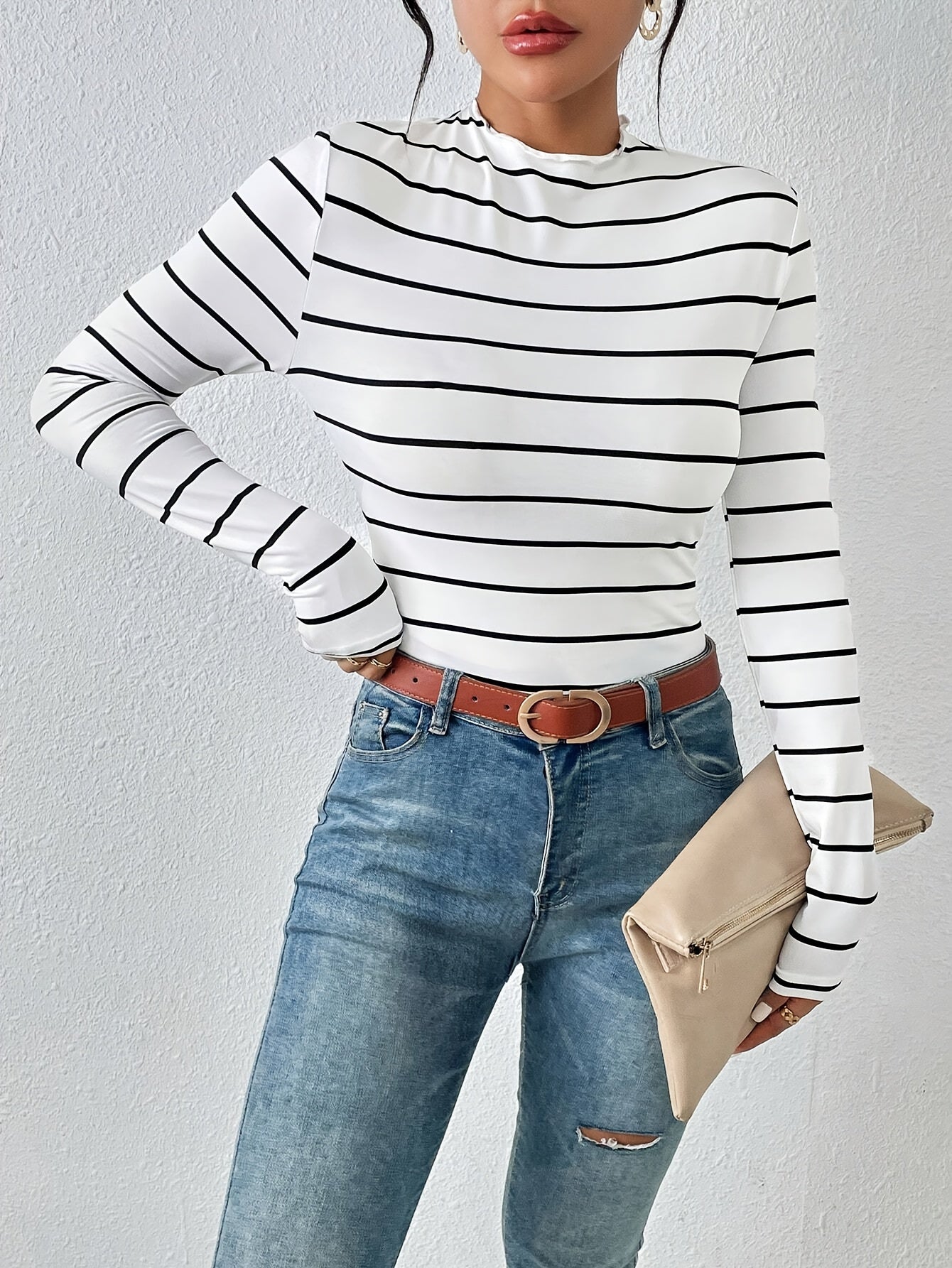 Damen Langarmshirt gestreift Stehkragen