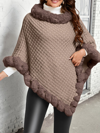 Damen Poncho gestrickt mit Kunstfellbesatz Wickelponcho