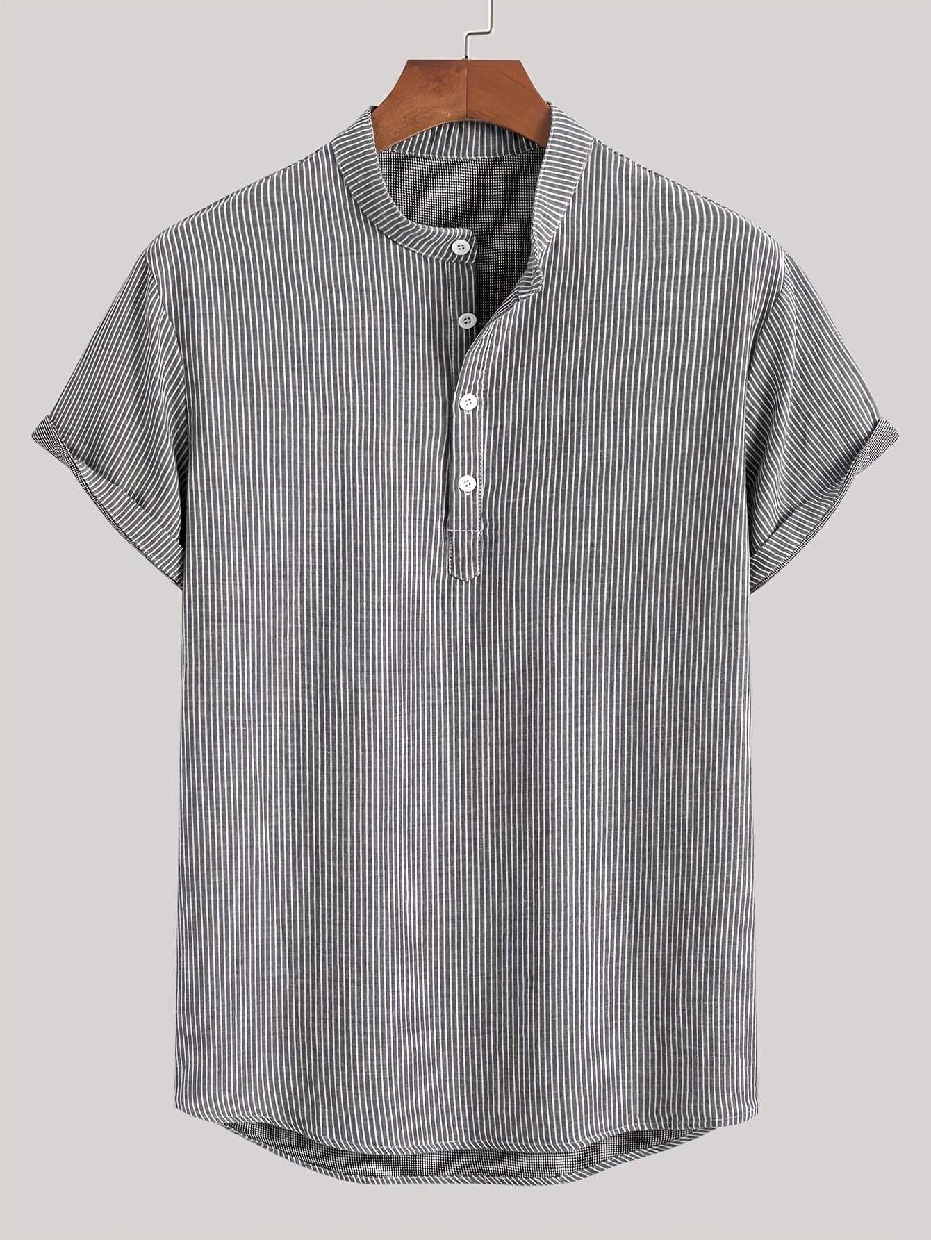 Men's Short Sleeve Henley Shirt with Stand Collar and Stripes – Modern Casual Shirt