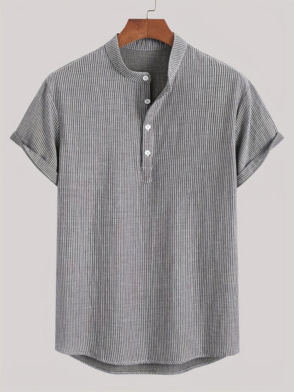 Men's Short Sleeve Henley Shirt with Stand Collar and Stripes – Modern Casual Shirt