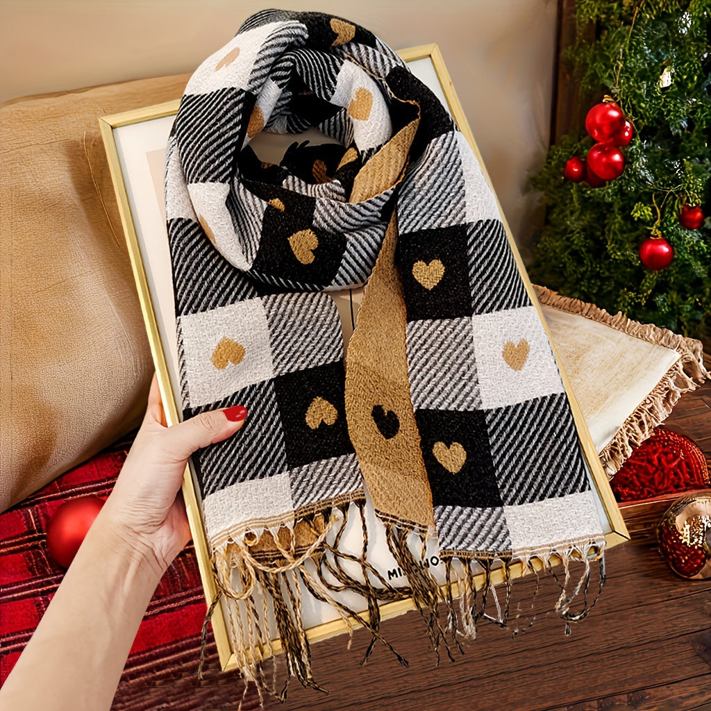 Plaid scarf with a heart pattern and fringes, brown women’s scarf